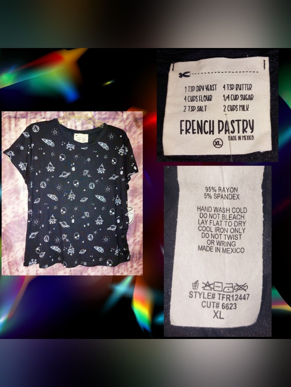 French Pastry brand Black & White Space Themed Print Soft Knit Top Sz XL(14/16)